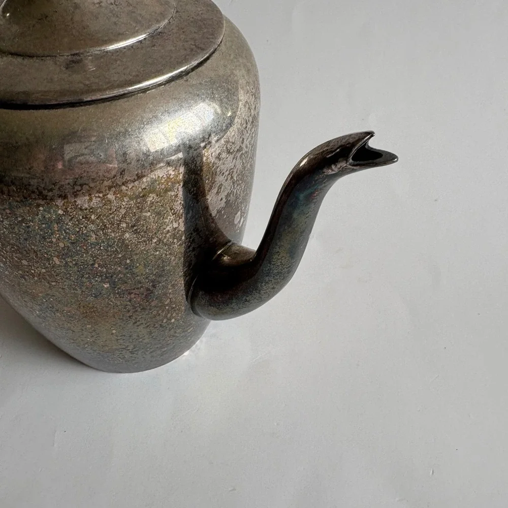 Modern Silver Vintage Silver on Copper Teapot with Hinged Lid‎ Patina Decor 8